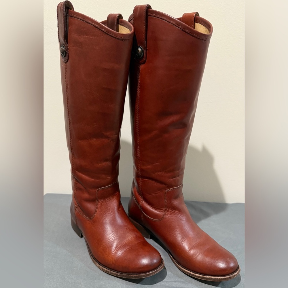 EUC Cognac Frye Melissa Button Tab Knee High Boots, Size 7B